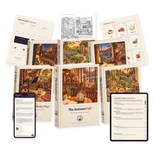 The Cozy Evenings Collection: six game books, the interactive edition on a tablet, the digital companion on a phone and real pages