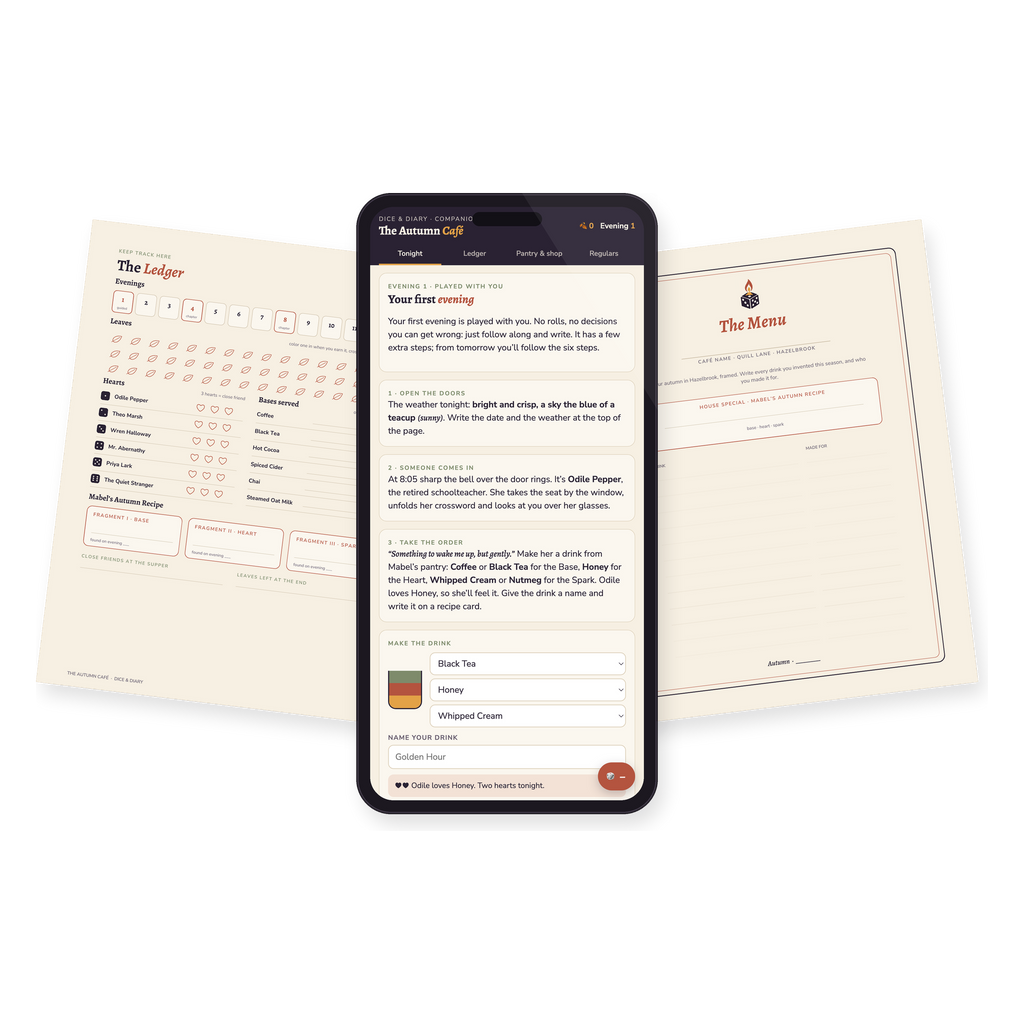 The digital companion on a phone with the ledger and the menu pages