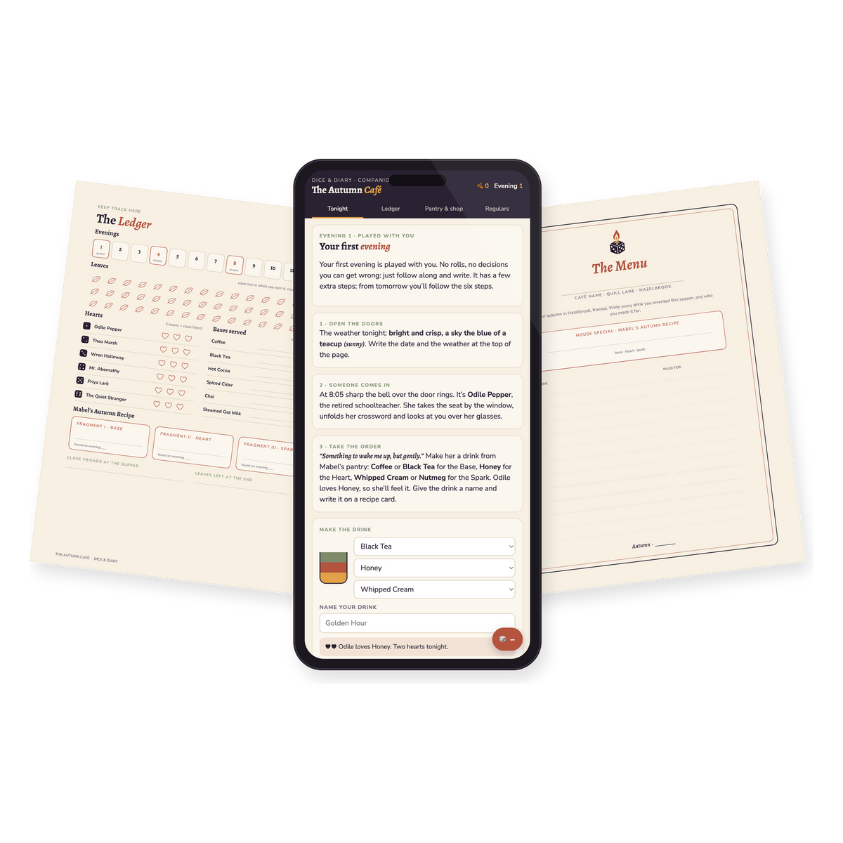 The digital companion on a phone with the ledger and the menu pages