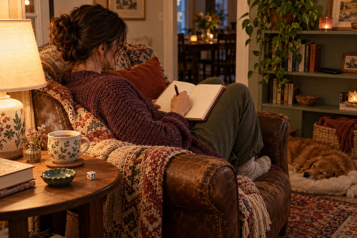 A woman writing in her journal in an armchair by lamplight, tea and a die on the side table