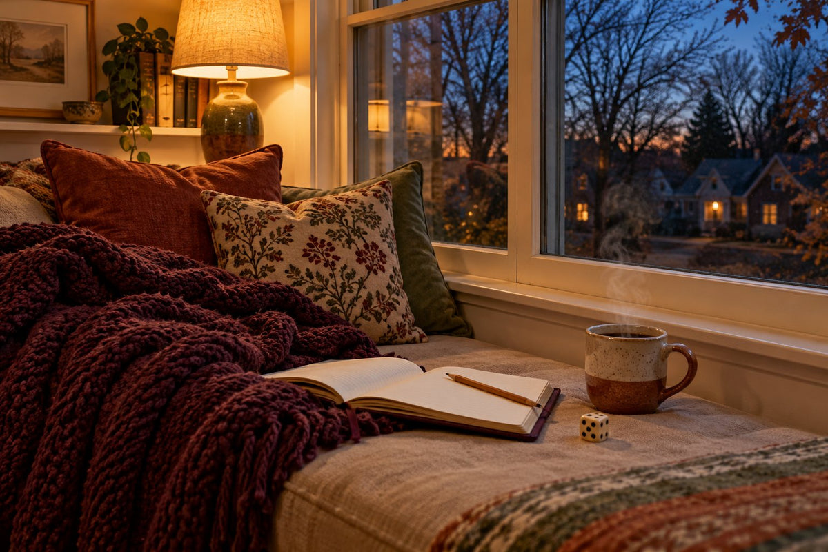 A cozy window seat at dusk with a journal, tea and a die