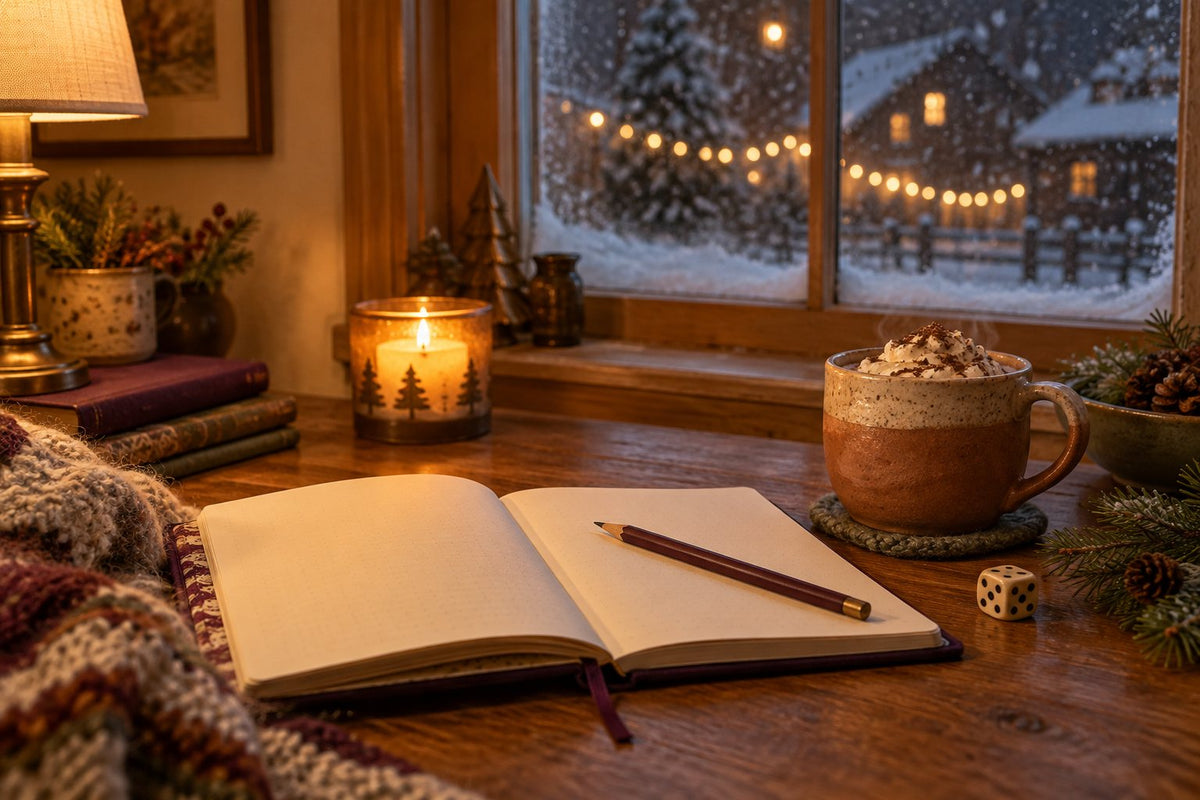 A winter evening by a frosted window with hot chocolate, a candle and a journal